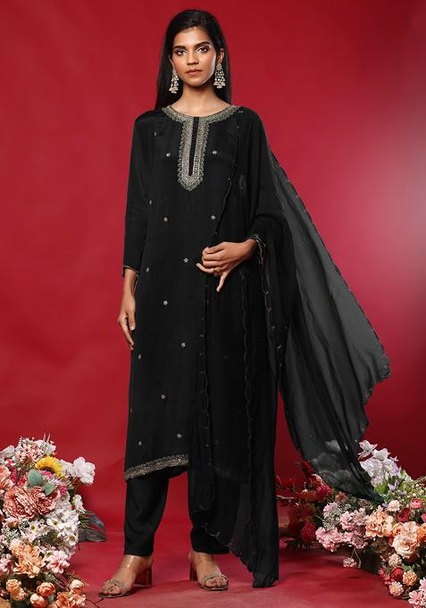 Black Floral Hand Embroidered Kurta Set With Pants And Organza Dupatta