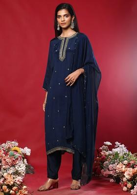 Indigo Blue Floral Hand Embroidered Kurta Set With Pants And Organza Dupatta