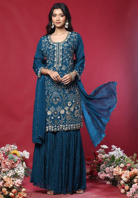 Teal Blue Sharara Set With Floral Hand Embroidered Kurta And Dupatta