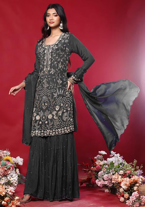 Charcoal Black Sharara Set With Floral Hand Embroidered Kurta And Dupatta