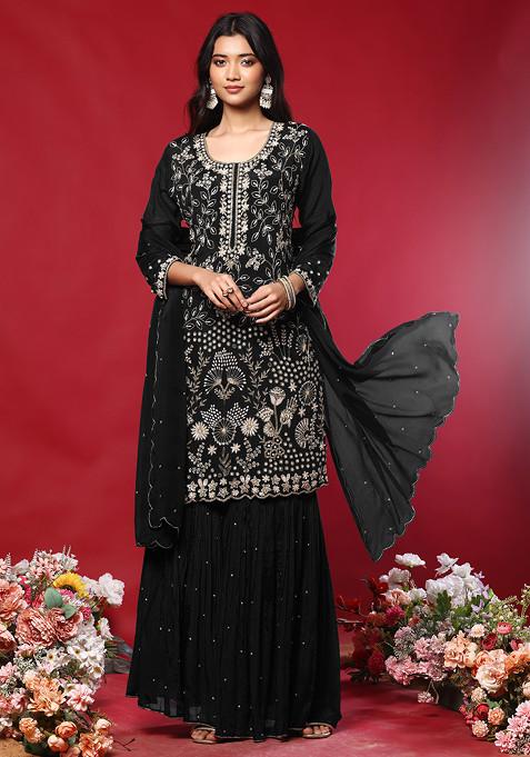 Black Sharara Set With Floral Hand Embroidered Kurta And Dupatta