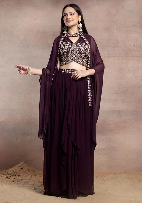 Dark Purple Jacket Set With Sequin Bead Embellished Blouse And Flared Skirt