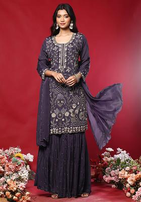 Purple Sharara Set With Floral Hand Embroidered Kurta And Dupatta