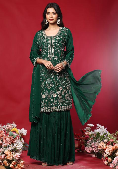 Emerald Green Sharara Set With Floral Hand Embroidered Kurta And Dupatta