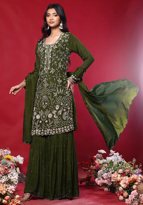 Olive Green Sharara Set With Floral Hand Embroidered Kurta And Dupatta