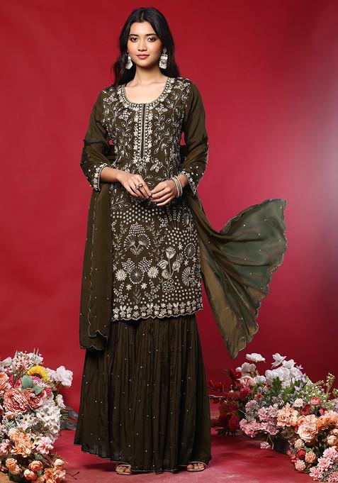 Copper Sharara Set With Floral Hand Embroidered Kurta And Dupatta