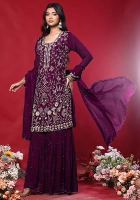Wine Sharara Set With Floral Hand Embroidered Kurta And Dupatta