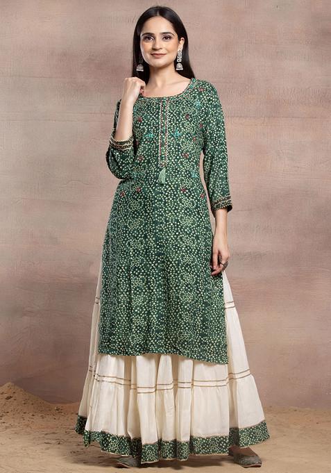 Green Bandhani Print Embroidered Kurta Set With Contrast Skirt