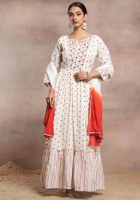 Off White Mirror Thread Embroidered Anarkali Kurta With Ombre Dupatta