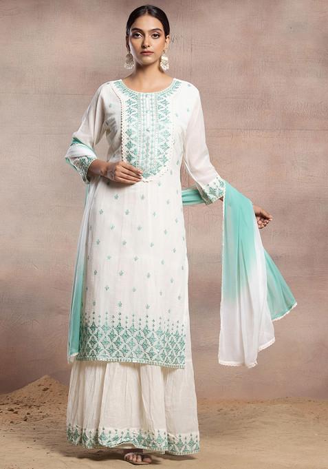 Off White Thread Embroidered Kurta Set With Skirt And Dupatta