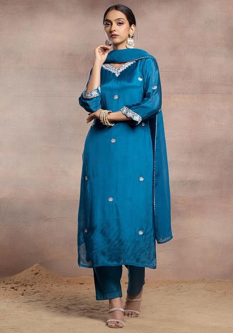 Teal Blue Hand Embroidered Kurta Set With Pants And Dupatta