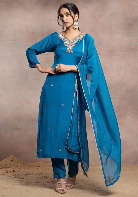 Teal Blue Floral Sequin And Bead Embellished Kurta Set With Pants And Dupatta
