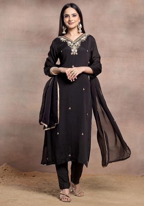 Black Floral Sequin And Bead Embellished Kurta Set With Pants And Dupatta