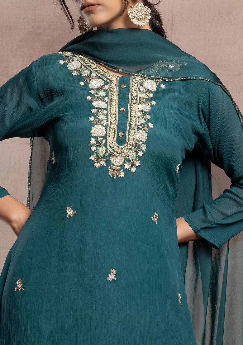 Buy Women Green Floral Sequin Embellished Kurta Set With Pants And