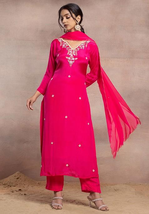 Rani Pink Floral Sequin Embellished Kurta Set With Pants And Embellished Dupatta