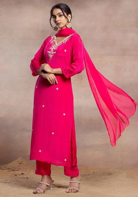 Rani Pink Floral Peplum Kurti Palazzo Set with Dupatta main image 0