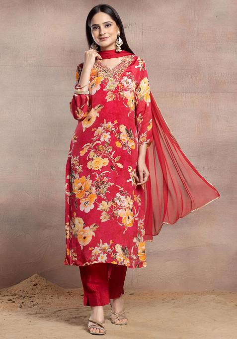 Red Floral Print Sequin Embellished Kurta Set With Pants And Dupatta