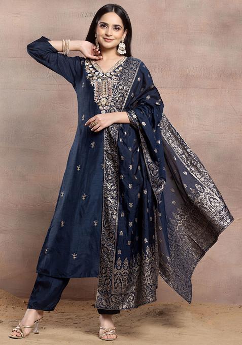 Navy Blue Sequin Bead Hand Embroidered Kurta Set With Pants And Brocade Dupatta