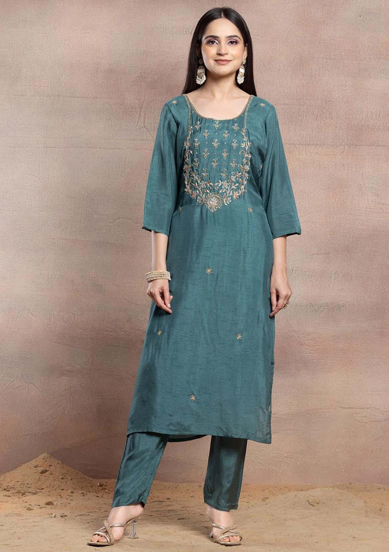 Buy Women Green Floral Sequin Embellished Kurta Set With Pants And