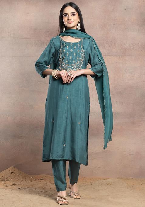 Green Floral Sequin Embellished Kurta Set With Pants And Dupatta