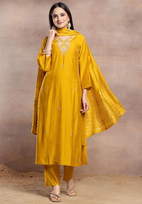 Mustard Yellow Floral Sequin Bead Embellished Kurta Set With Pants And Dupatta