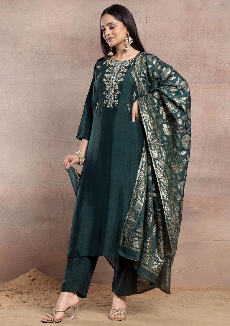 Buy Women Deep Green Floral Sequin Embellished Kurta Set With Pants And