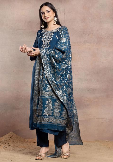 Navy Blue Gotta Detailing Panelled Kurta with Pants and Net Dupatta