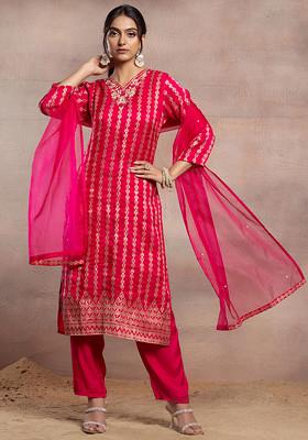 Rani Pink Embroidered Brocade Kurta Set With Pants And Organza Dupatta