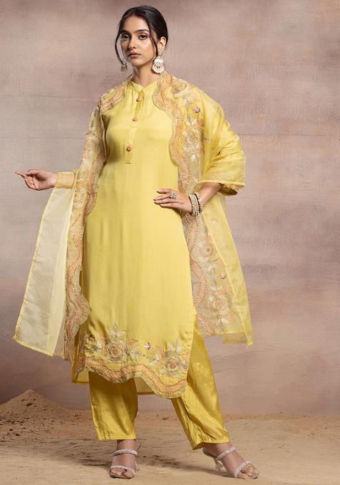 Pale Yellow Embroidered Kurta Set With Pants And Floral Embroidered Organza Dupatta