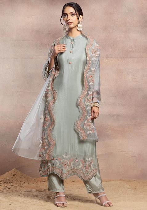 Grey Embroidered Kurta Set With Pants And Floral Embroidered Organza Dupatta