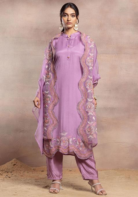 Mauve Embroidered Kurta Set With Pants And Floral Embroidered Organza Dupatta