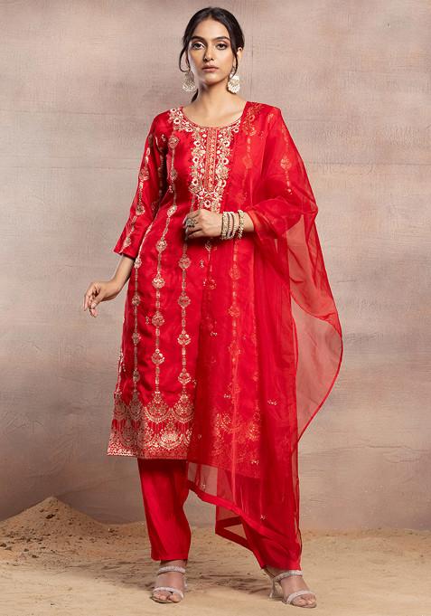 Ruby Red Floral Embellished Brocade Kurta Set With Pants And Dupatta