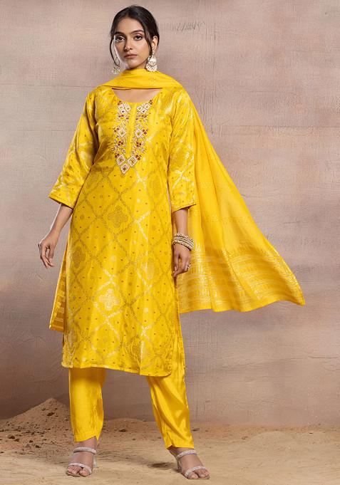 Yellow Sequin Bead Hand Embroidered Brocade Kurta Set With Pants And Dupatta