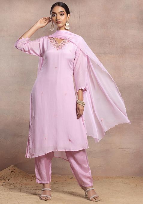 Pastel Pink Floral Thread Embroidered Kurta Set With Pants And Chiffon Dupatta