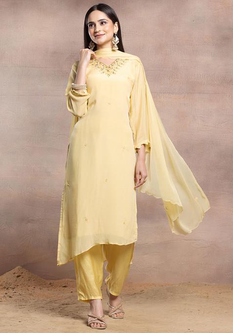 Lime Yellow Floral Thread Embroidered Kurta Set With Pants And Chiffon Dupatta