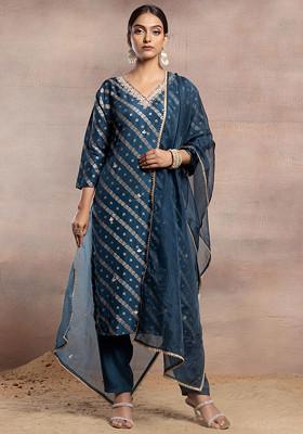 Navy Blue Gota Patti Embellished Brocade Kurta Set With Pants And Dupatta