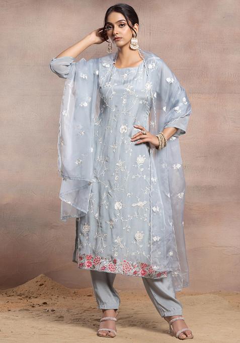 Grey Floral Thread Embroidered Kurta Set With Pants And Embroidered Dupatta