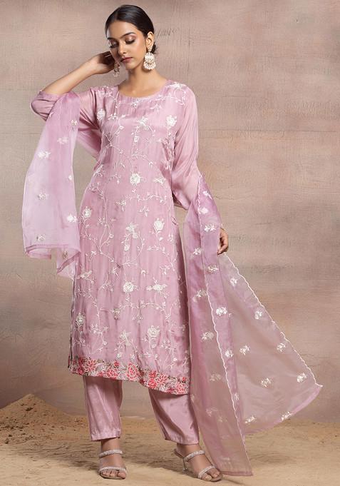 Dull Pink Floral Thread Embroidered Kurta Set With Pants And Embroidered Dupatta
