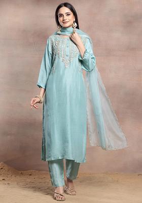 Aqua Blue Floral Embroidered Kurta Set With Pants And Embellished Organza Dupatta