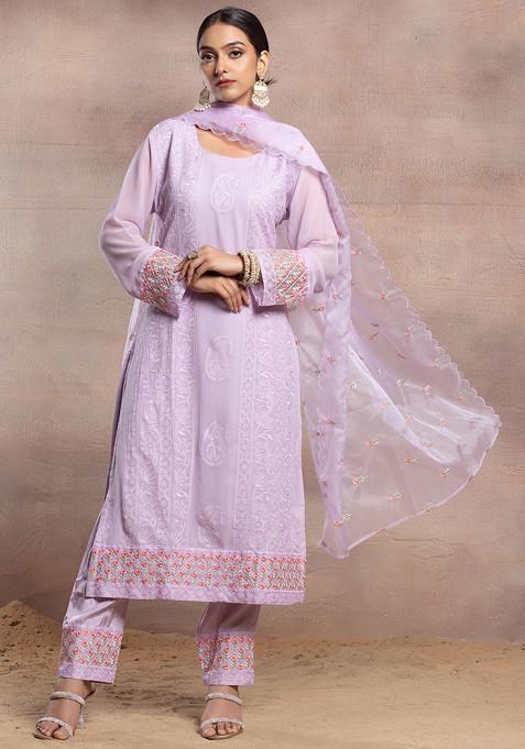 Lavender Tonal Paisley Thread Embroidered Kurta Set With Pants And Dupatta