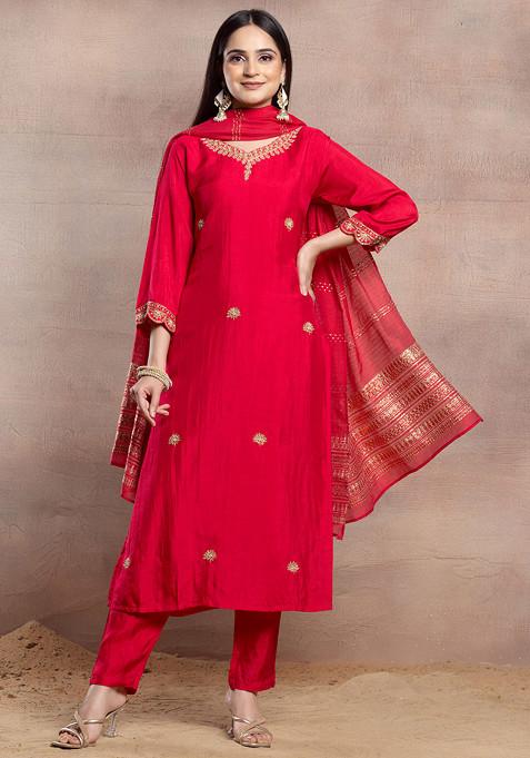 Rani Pink Sequin Hand Embroidered Kurta Set With Pants And Brocade Dupatta