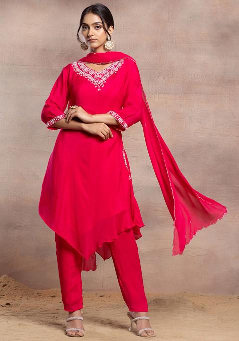 Magenta Pink Sequin Bead Embellished Kurta Set With Pants And Embellished Dupatta