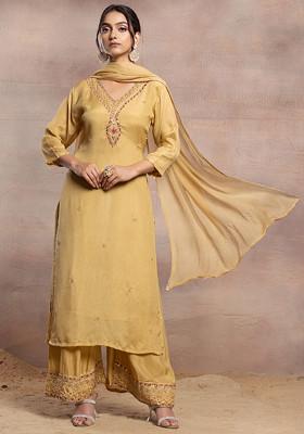 Pale Yellow Zari Hand Embellished Kurta Set With Palazzo And Dupatta