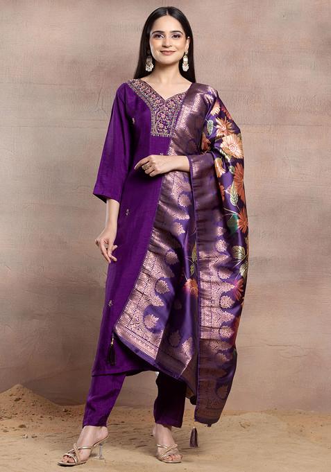 Purple Sequin Embellished Kurta Set With Pants And Printed Dupatta