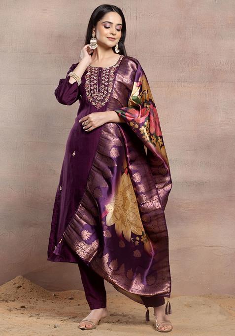 Dark Purple Sequin Embellished Kurta Set With Pants And Printed Dupatta