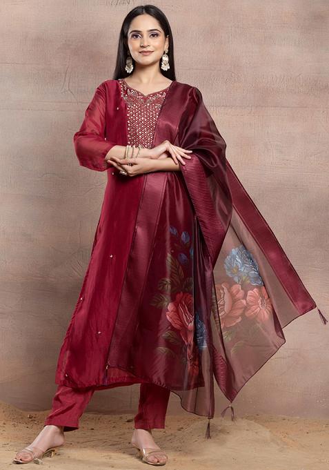 Maroon Sequin Embellished Kurta Set With Pants And Floral Print Dupatta
