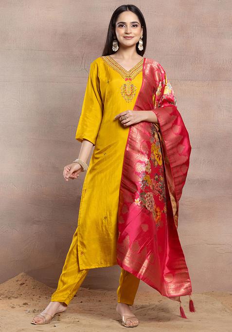 Yellow Sequin Embellished Kurta Set With Pants And Floral Print Dupatta