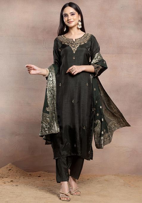 Olive Green Sequin Hand Embellished Kurta Set With Pants And Dupatta