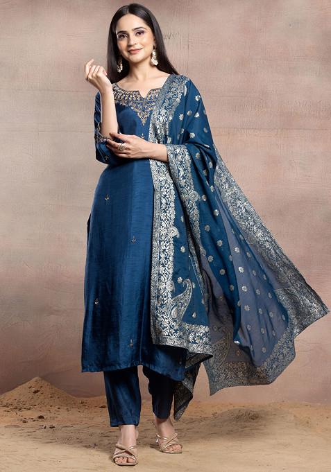 Teal Blue Sequin Zari Hand Embellished Kurta Set With Pants And Dupatta