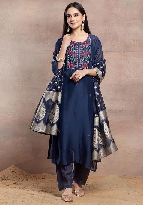 Navy Blue Sequin Hand Embellished Kurta Set With Pants And Printed Dupatta